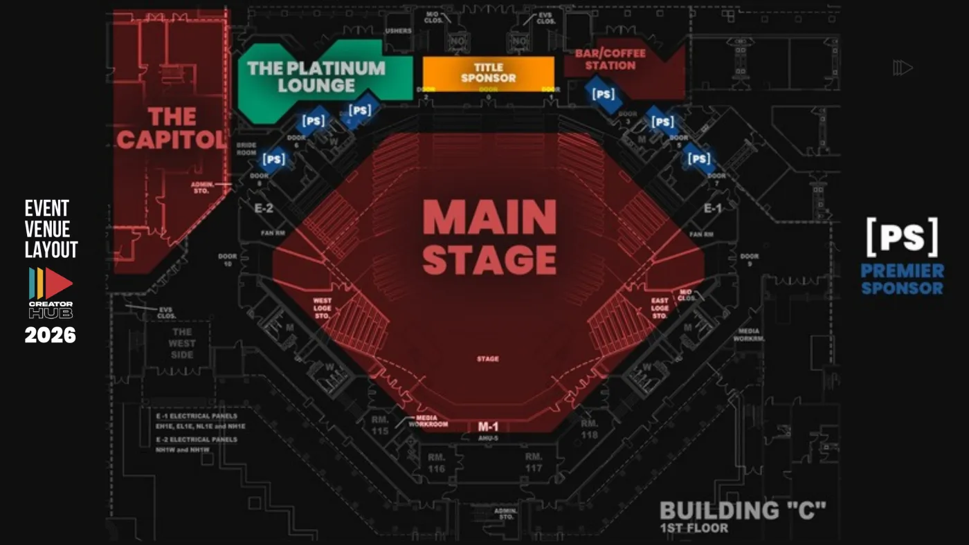 Building C, first floor: the Main Stage bowl with the gold Title Sponsor placement, six blue Premiere booth positions ringing the hall, the lounge, and the bar and coffee station
